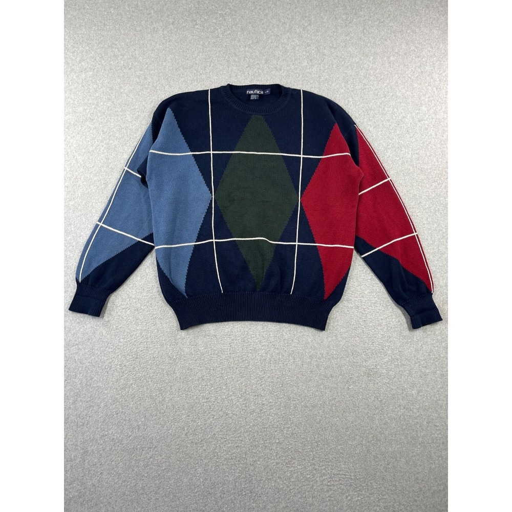 Vintage Nautica Sweater Mens L Blue Geometric Argyle White Windowpane 90s Crew